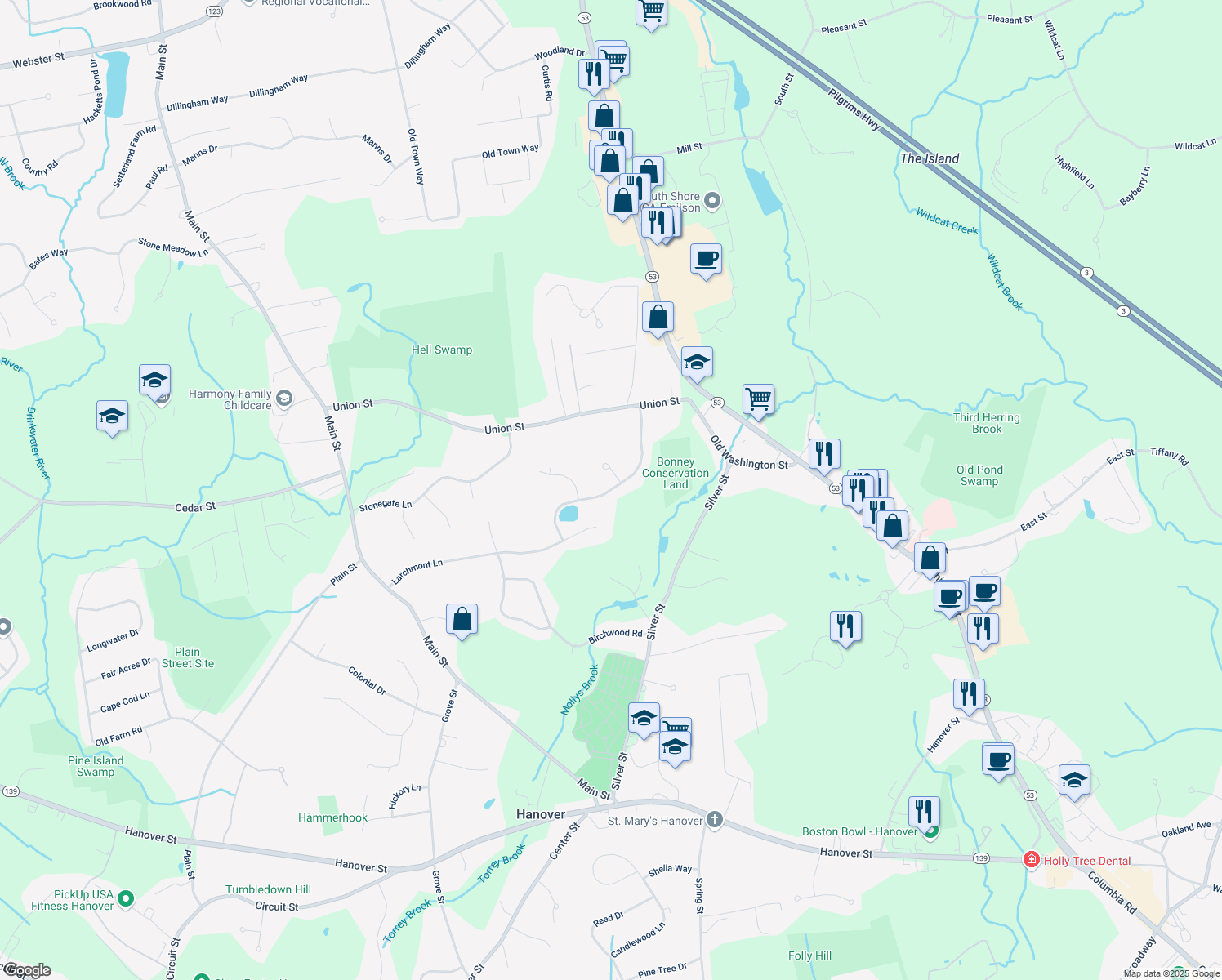 map of restaurants, bars, coffee shops, grocery stores, and more near 127 Hearthstone Way in Hanover