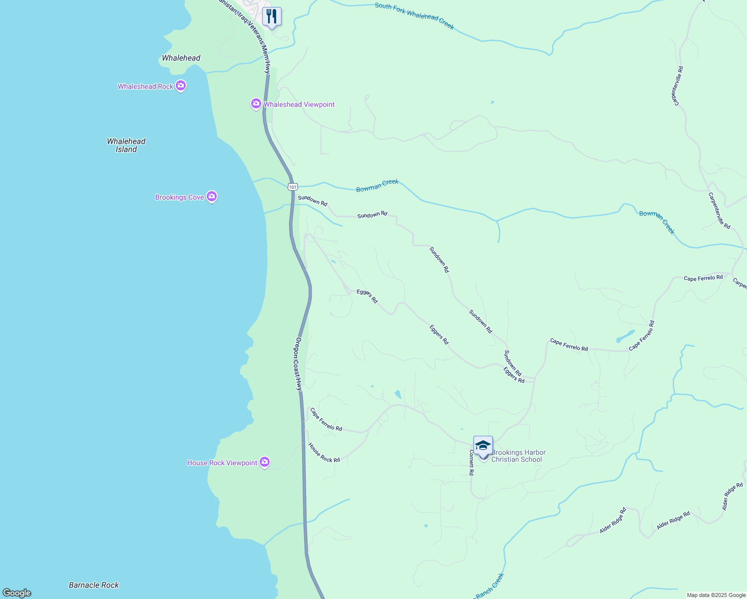 map of restaurants, bars, coffee shops, grocery stores, and more near 95804 Eggers Road in Brookings