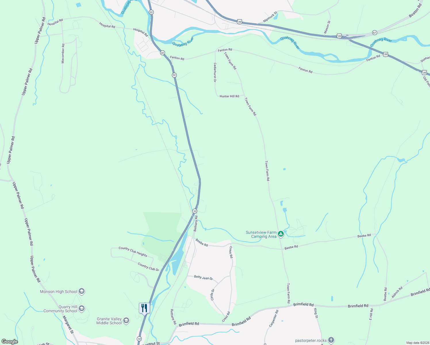 map of restaurants, bars, coffee shops, grocery stores, and more near 143 Palmer Road in Monson