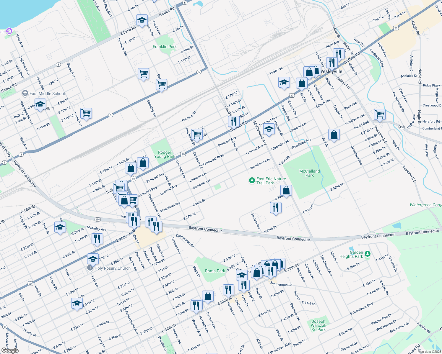 map of restaurants, bars, coffee shops, grocery stores, and more near 1951 Glendale Ave in Erie