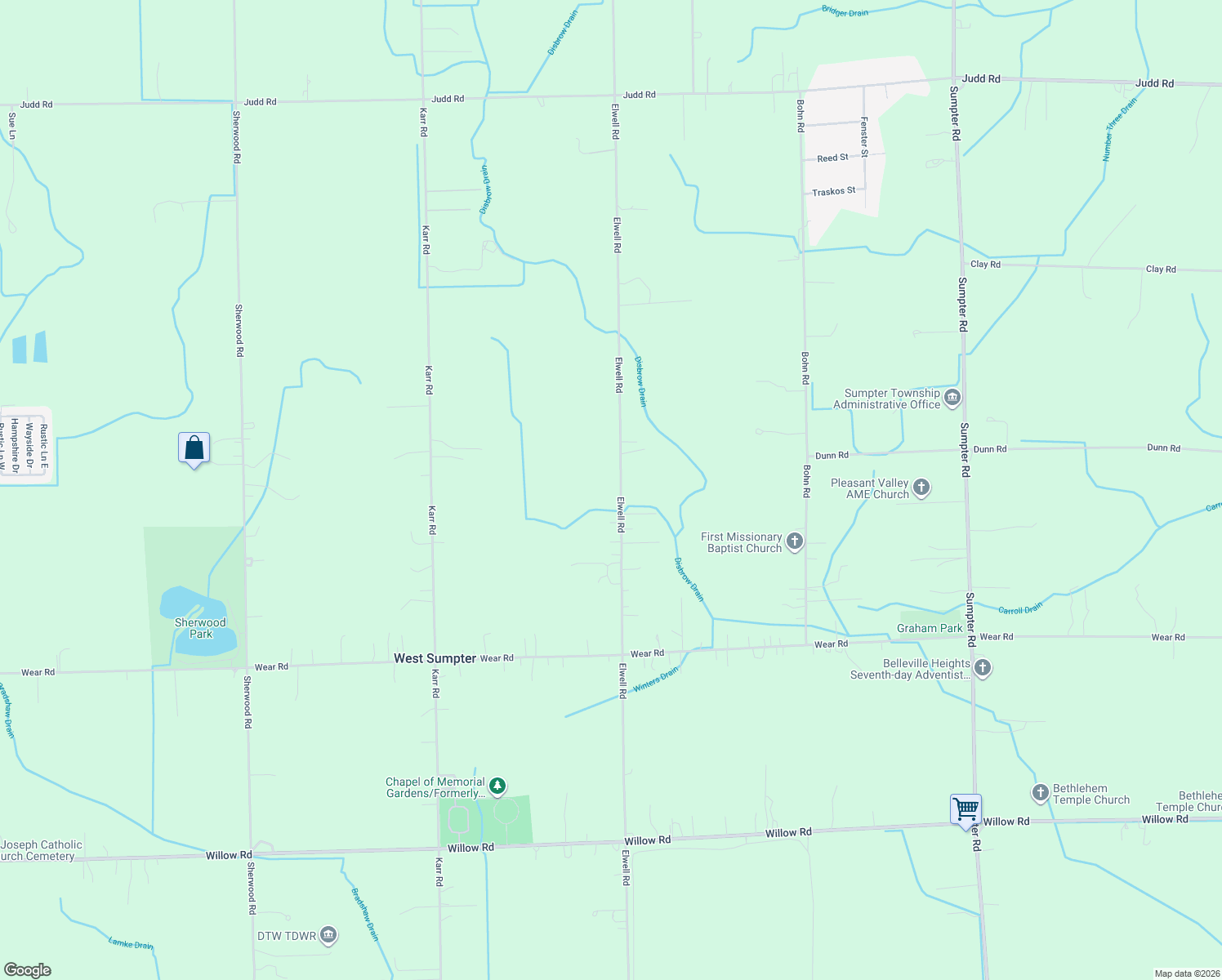 map of restaurants, bars, coffee shops, grocery stores, and more near 23700 Elwell Road in Belleville