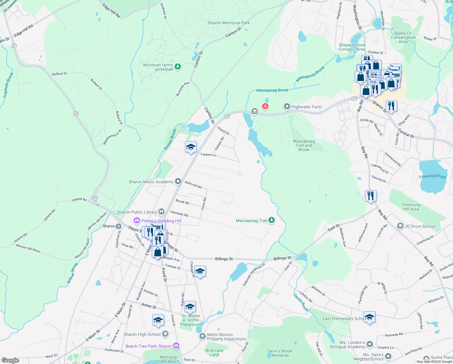 map of restaurants, bars, coffee shops, grocery stores, and more near 55 Huntington Avenue in Sharon