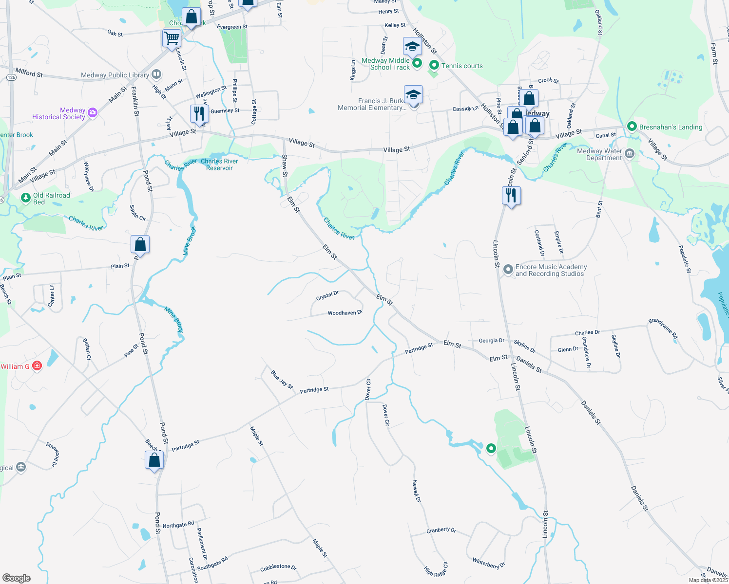 map of restaurants, bars, coffee shops, grocery stores, and more near 2 Dena Drive in Franklin