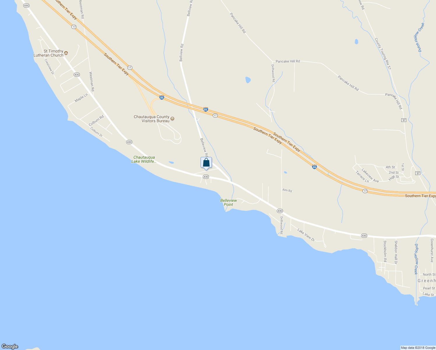 map of restaurants, bars, coffee shops, grocery stores, and more near 3420 New York 430 in Bemus Point