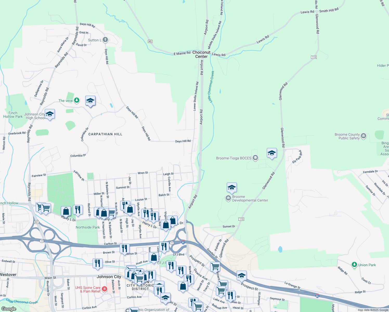 map of restaurants, bars, coffee shops, grocery stores, and more near 254 Lower Stella Ireland Road in Binghamton