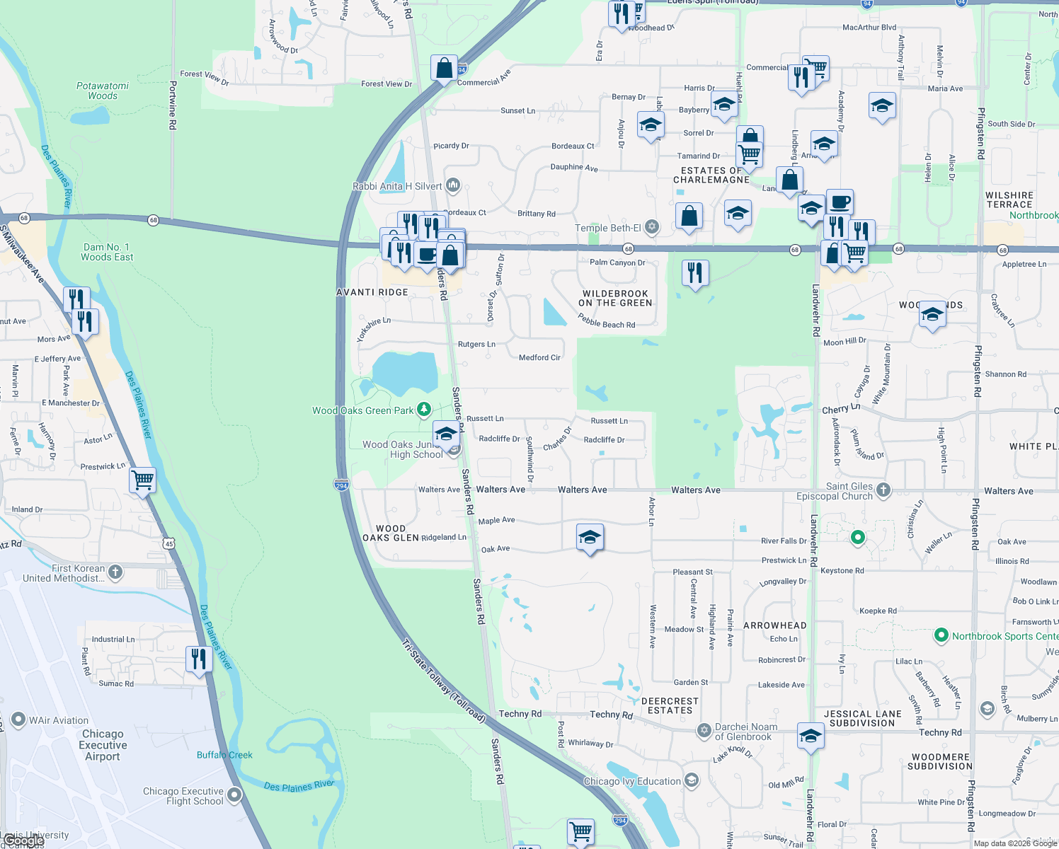 map of restaurants, bars, coffee shops, grocery stores, and more near 3851 Russett Lane in Northbrook