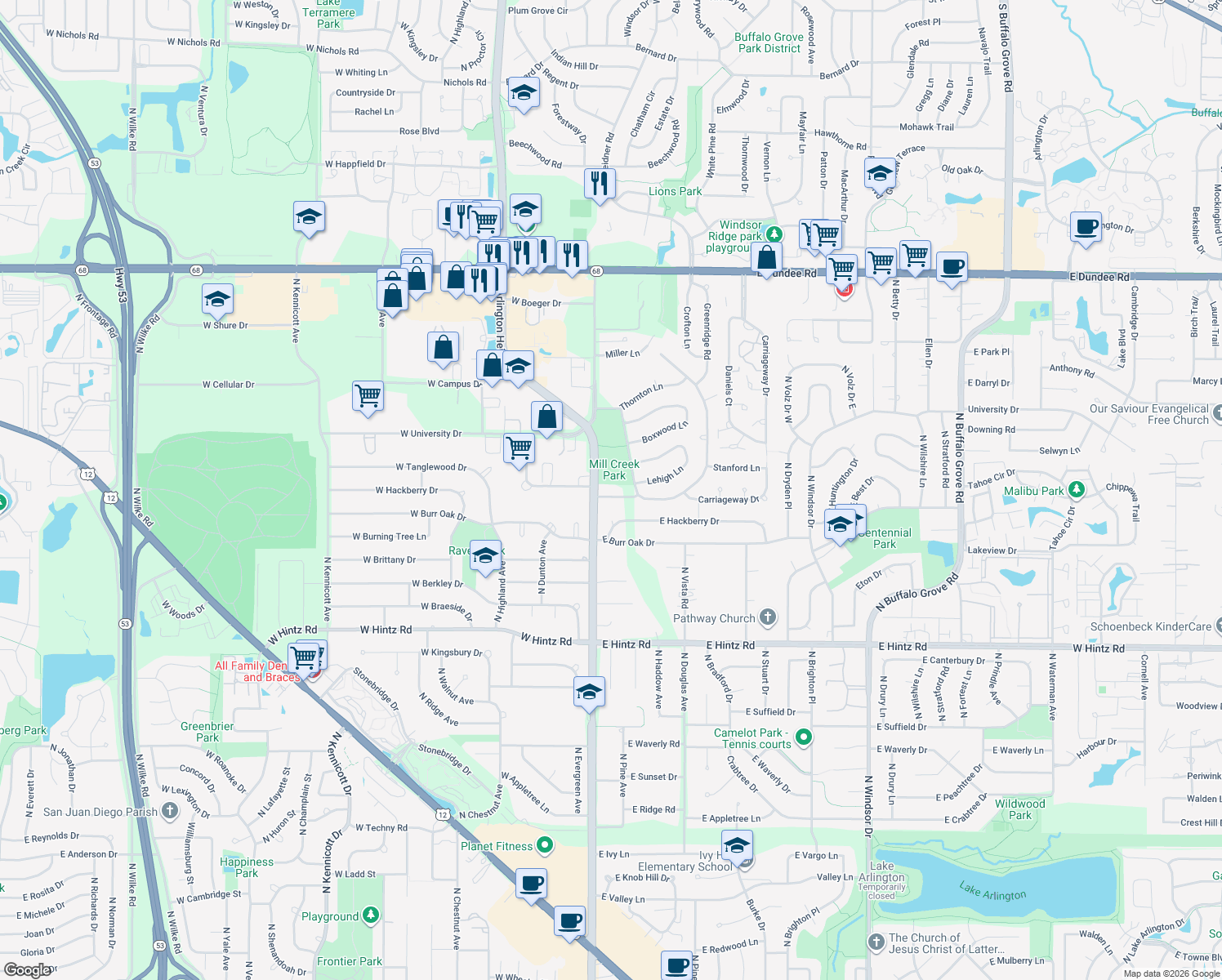 map of restaurants, bars, coffee shops, grocery stores, and more near 1434 Mill Creek Drive in Buffalo Grove