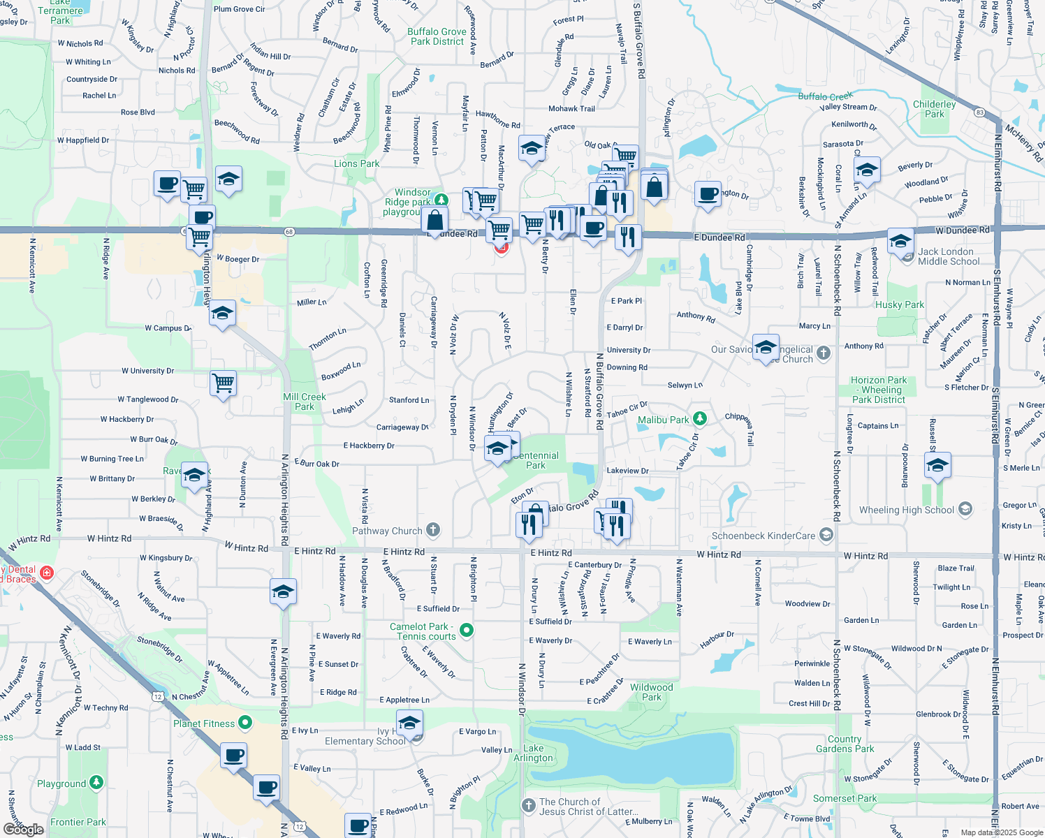 map of restaurants, bars, coffee shops, grocery stores, and more near 1335 East Best Drive in Arlington Heights