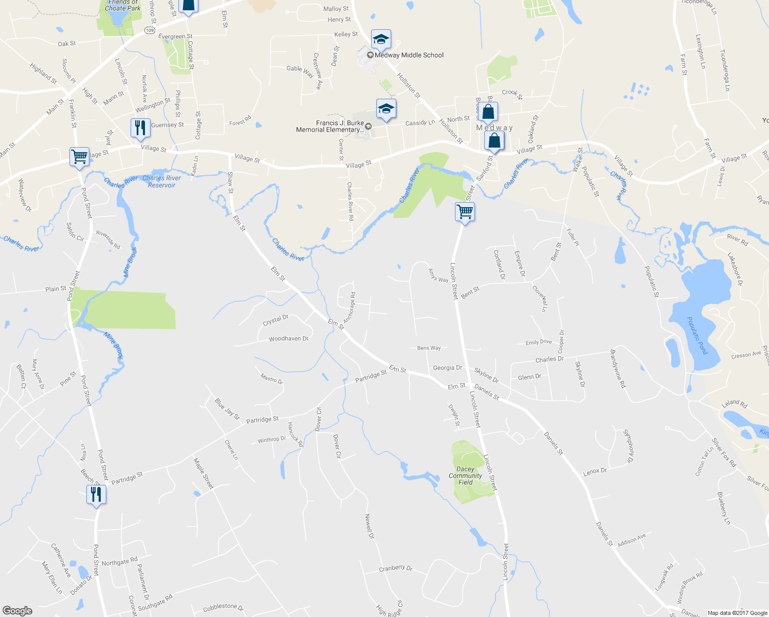 map of restaurants, bars, coffee shops, grocery stores, and more near 6 Gloucester Drive in Franklin