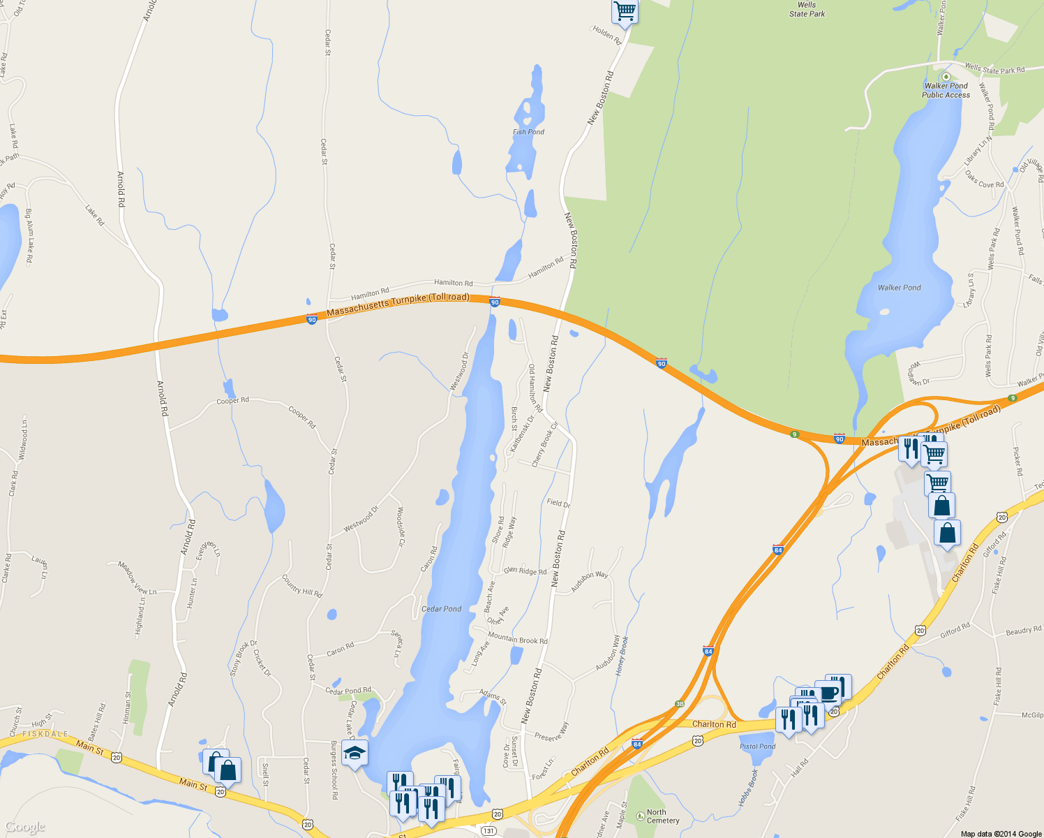 map of restaurants, bars, coffee shops, grocery stores, and more near 2 Kaitbenski Drive in Sturbridge