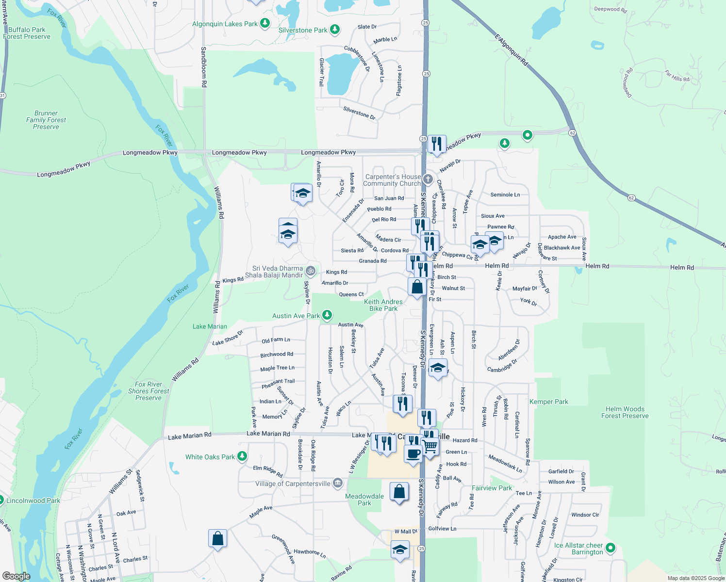 map of restaurants, bars, coffee shops, grocery stores, and more near 1710 Queens Court in Carpentersville