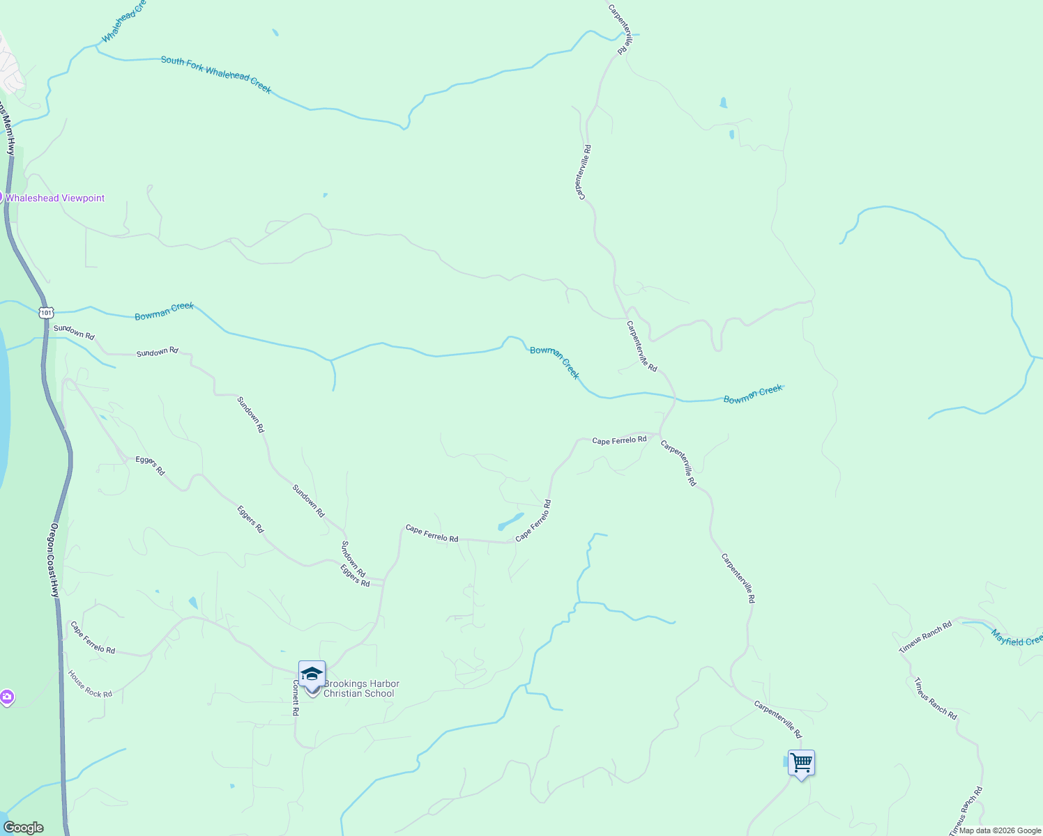 map of restaurants, bars, coffee shops, grocery stores, and more near 96477 Cape Ferrelo Road in Brookings