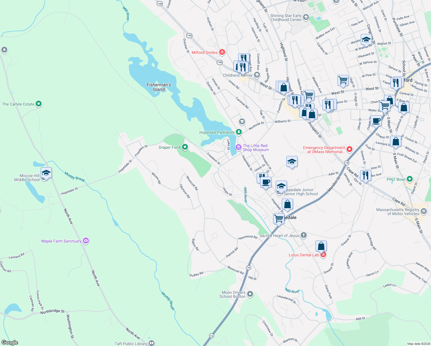 map of restaurants, bars, coffee shops, grocery stores, and more near 57 Bancroft Park in Hopedale