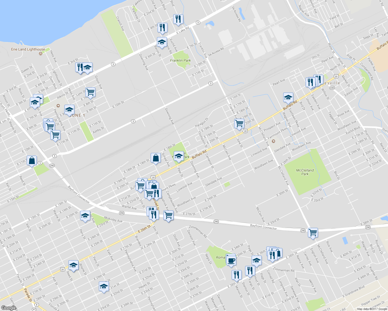 map of restaurants, bars, coffee shops, grocery stores, and more near 1808 Buffalo Road in Erie