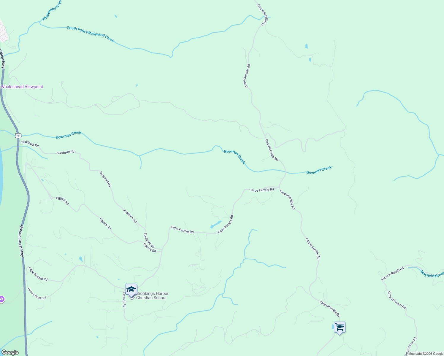 map of restaurants, bars, coffee shops, grocery stores, and more near 96477 Cape Ferrelo Road in Brookings