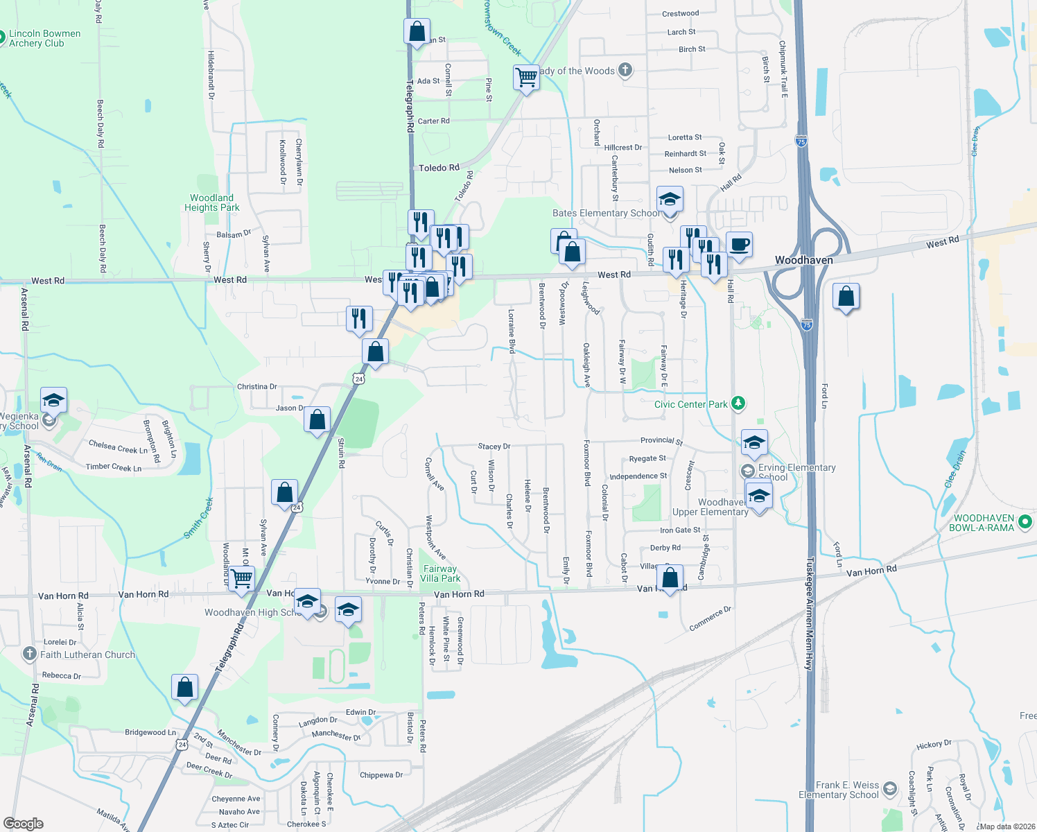map of restaurants, bars, coffee shops, grocery stores, and more near 23464 Stoflet Lane in Brownstown Charter Township