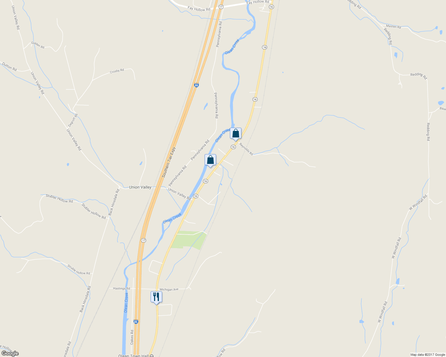 map of restaurants, bars, coffee shops, grocery stores, and more near 3050 New York 16 in Olean