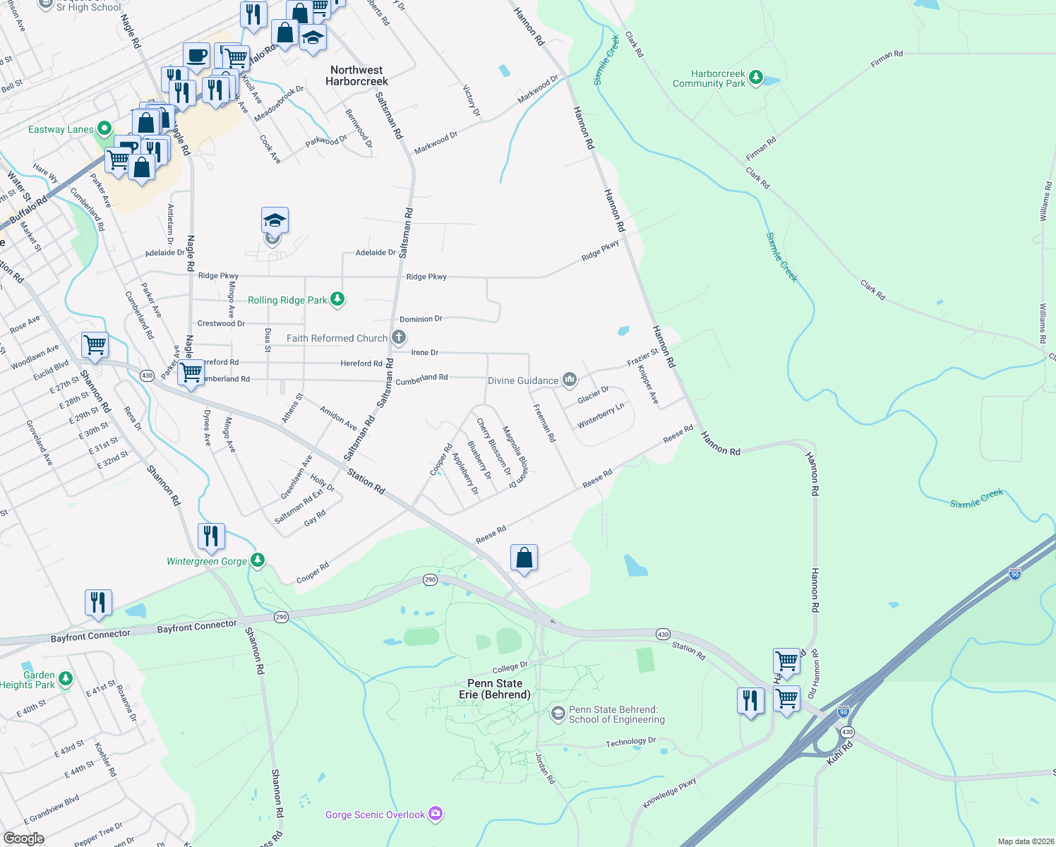 map of restaurants, bars, coffee shops, grocery stores, and more near 4050 Freeman Rd in Erie