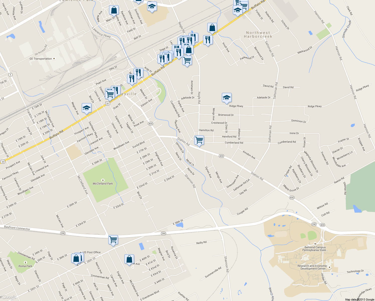 map of restaurants, bars, coffee shops, grocery stores, and more near 99 Mindi Court in Erie
