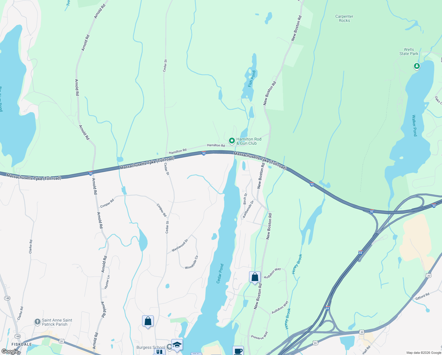 map of restaurants, bars, coffee shops, grocery stores, and more near 85 Westwood Drive in Sturbridge