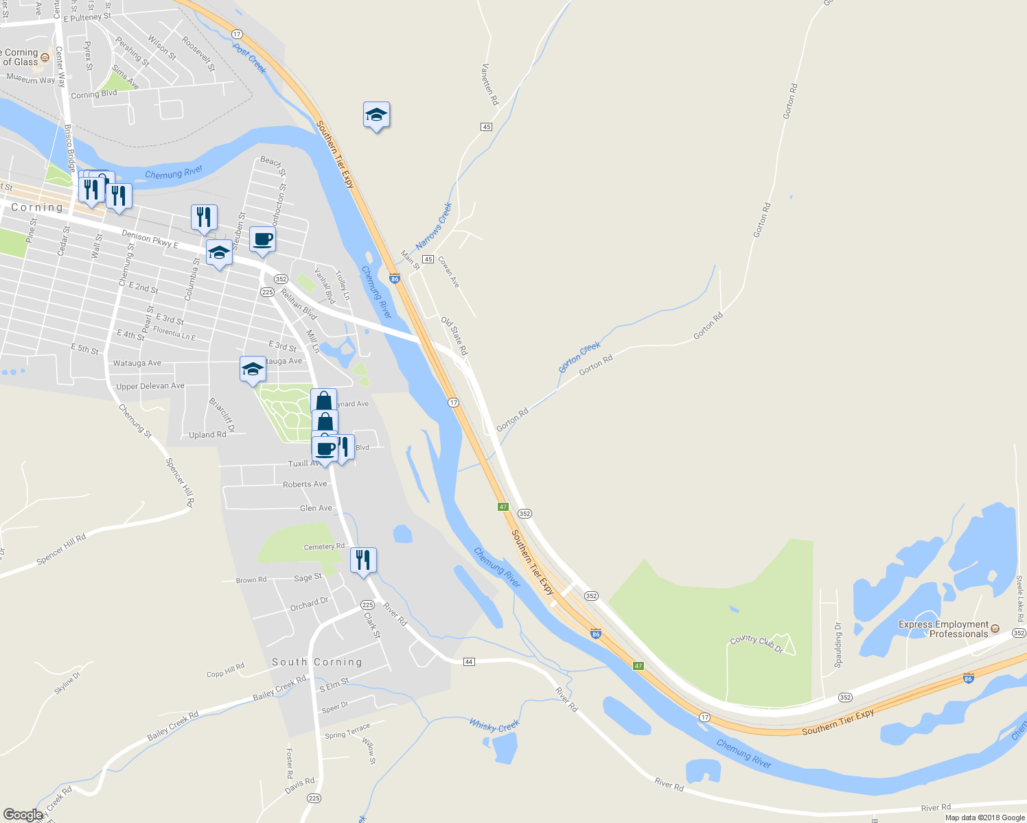 map of restaurants, bars, coffee shops, grocery stores, and more near 2741 Gorton Rd in Corning