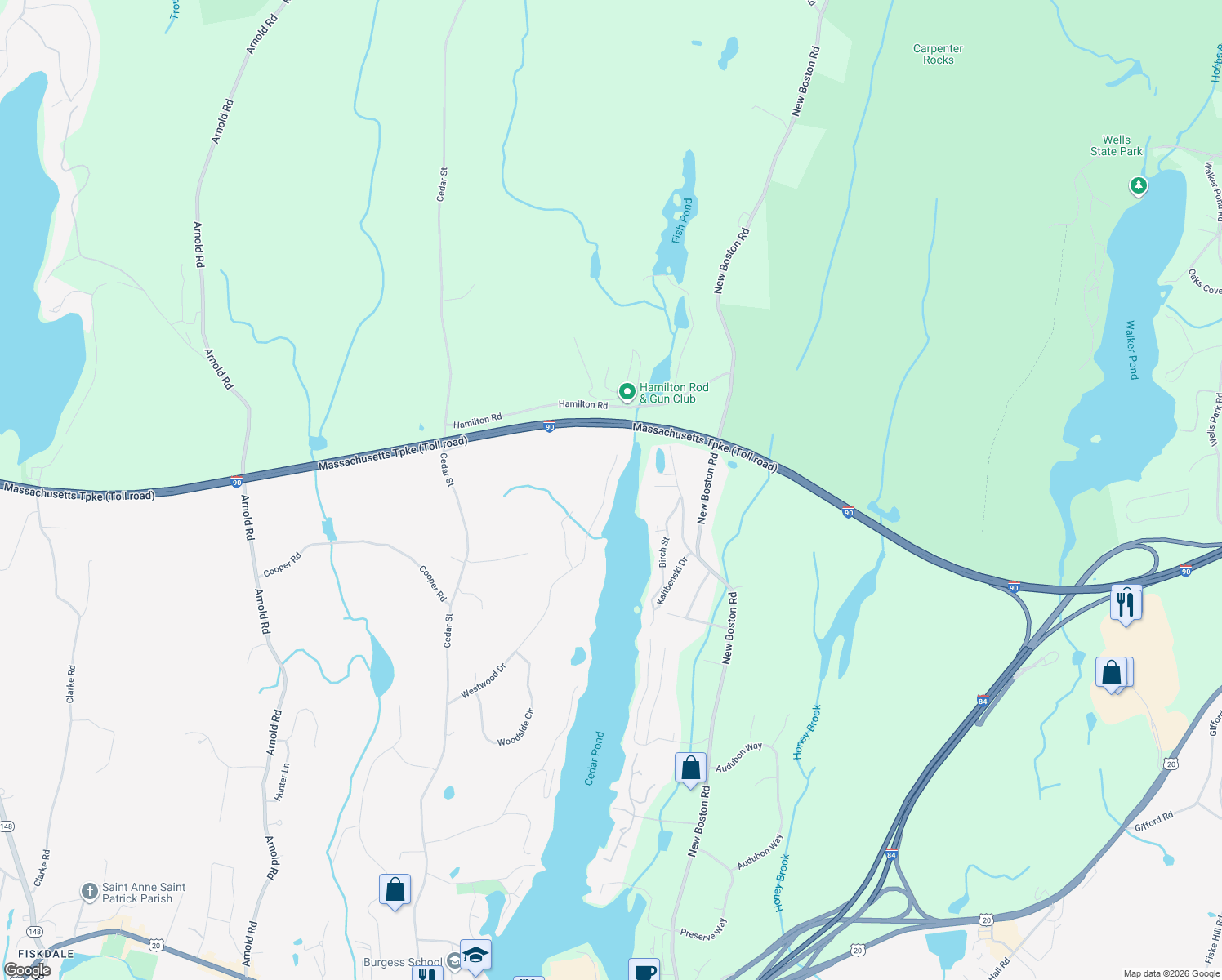 map of restaurants, bars, coffee shops, grocery stores, and more near 110 Westwood Drive in Sturbridge