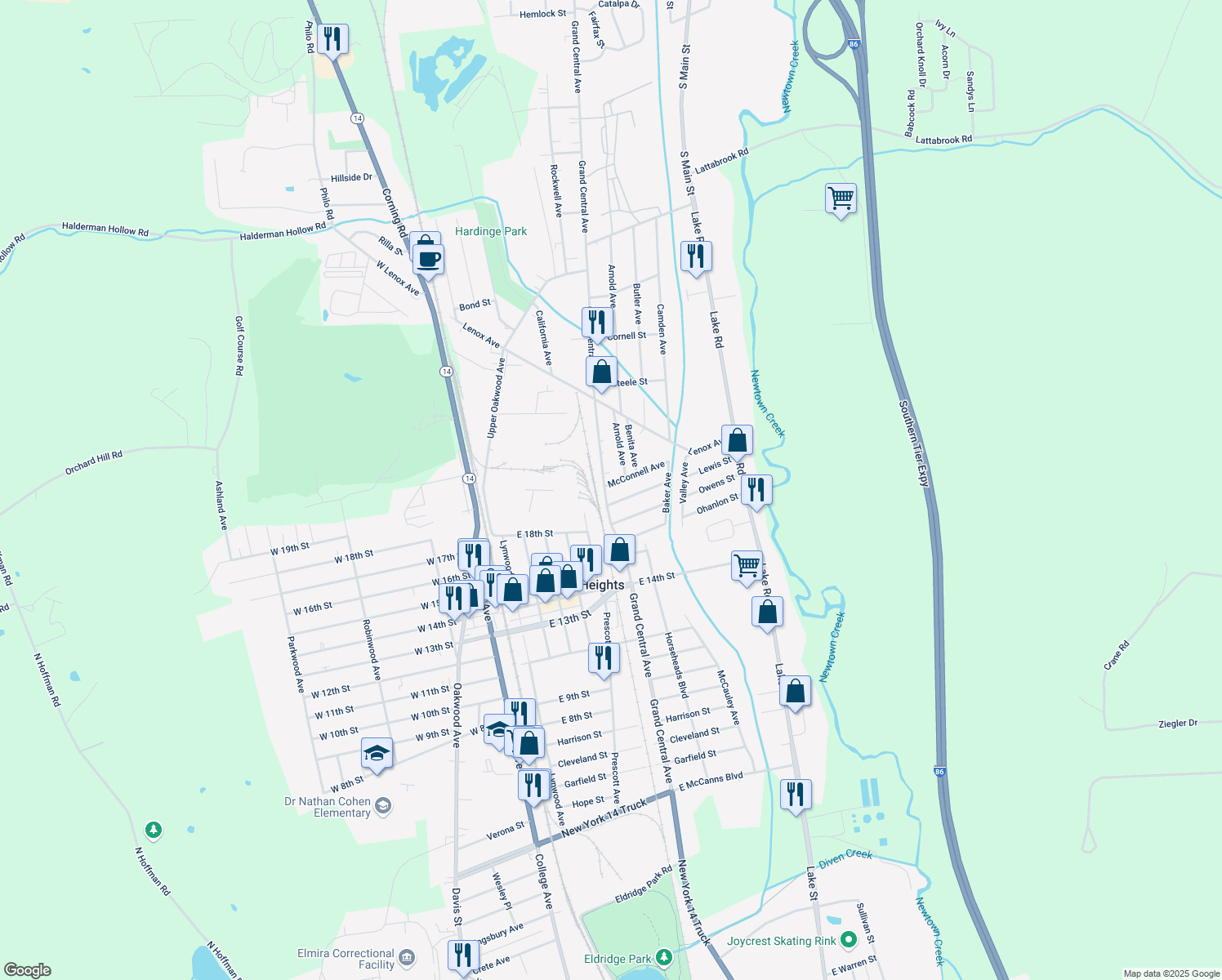 map of restaurants, bars, coffee shops, grocery stores, and more near 1824 Grand Central Ave in Elmira Heights