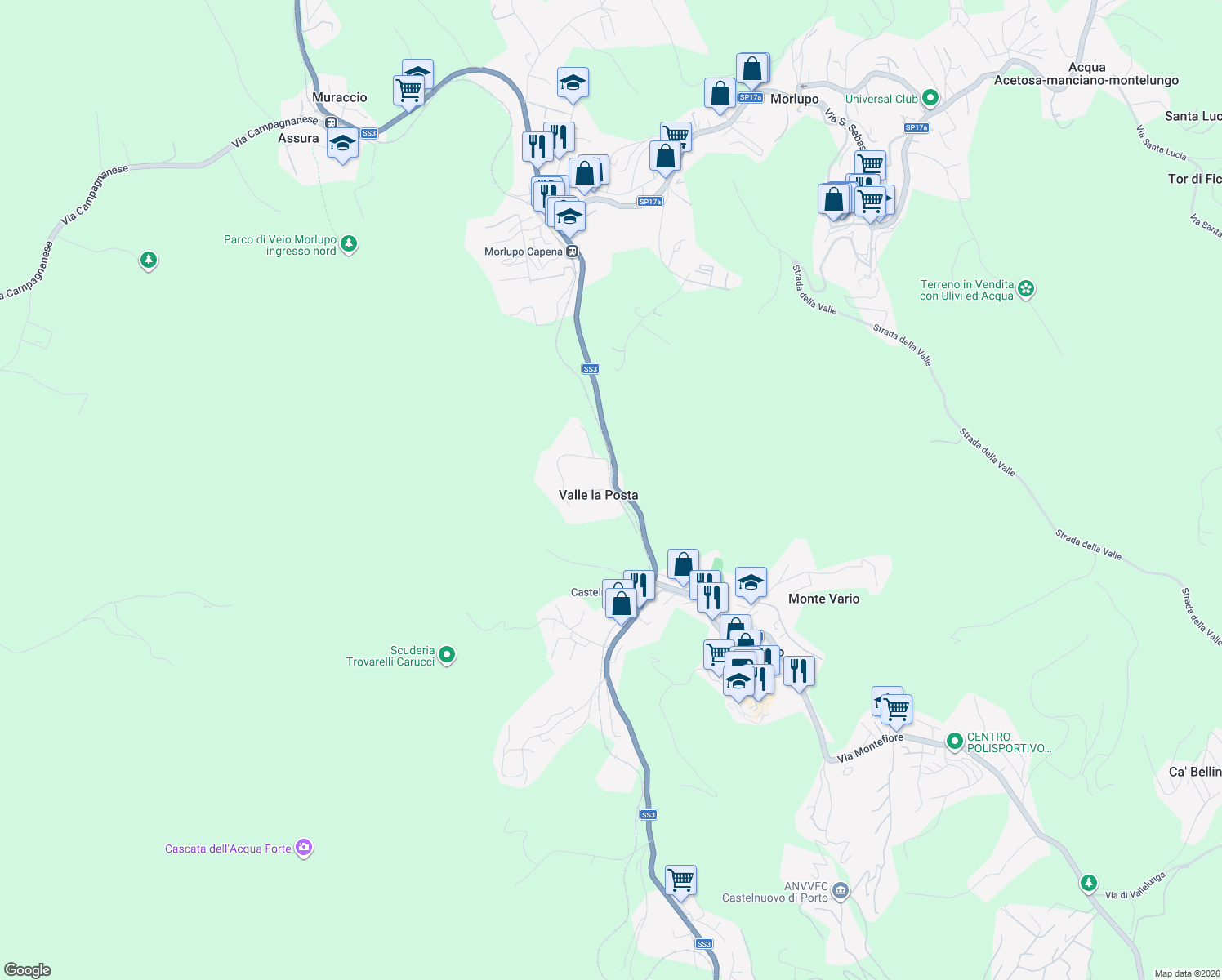 map of restaurants, bars, coffee shops, grocery stores, and more near Strada Statale 3 in Rome