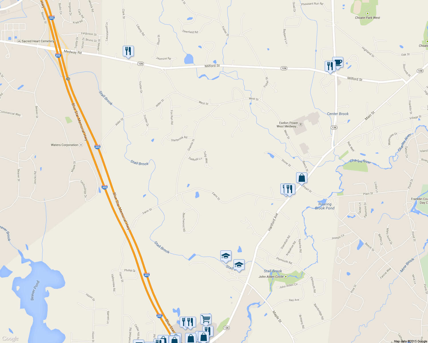 map of restaurants, bars, coffee shops, grocery stores, and more near 24 Tulip Way in Medway