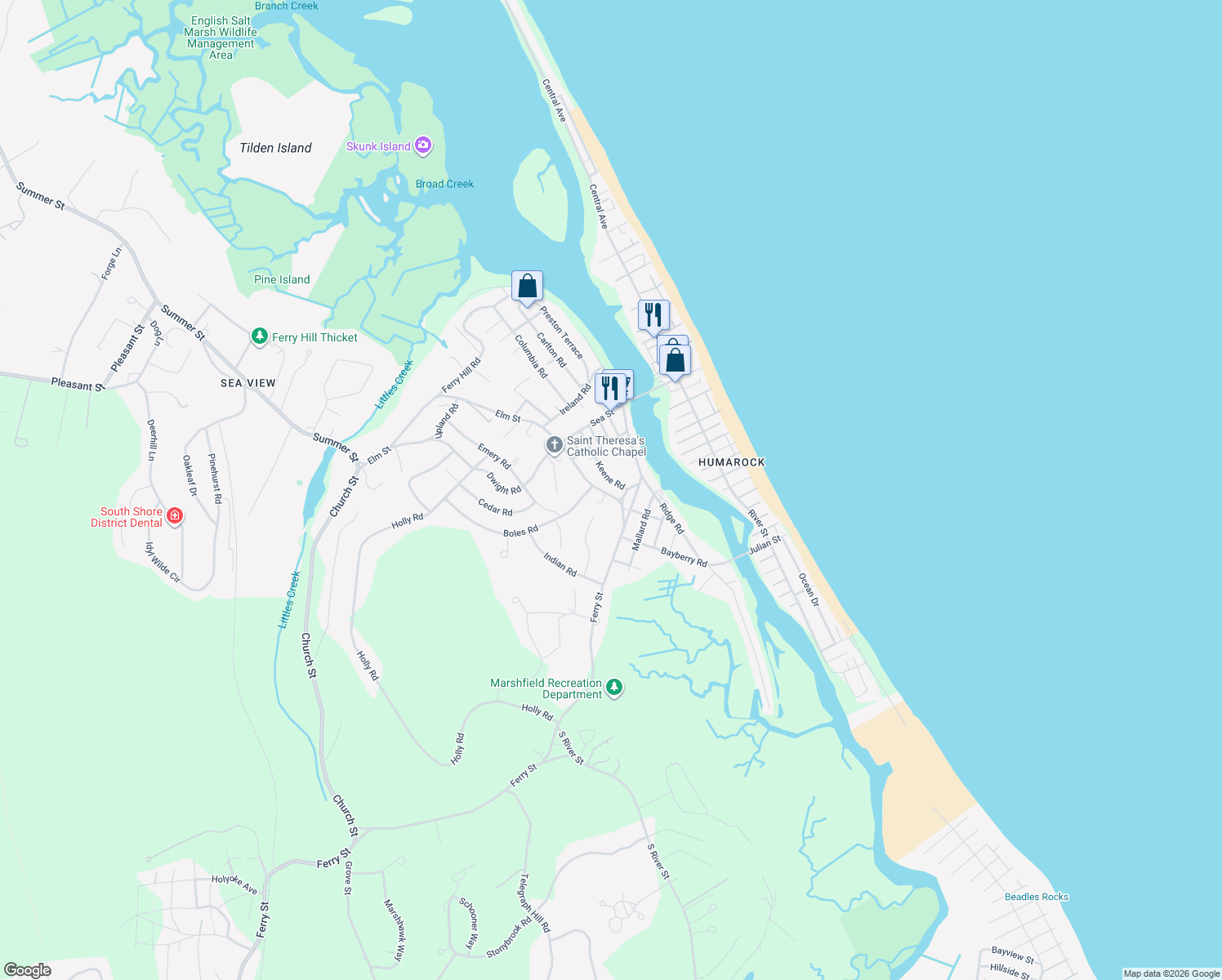 map of restaurants, bars, coffee shops, grocery stores, and more near 14 Elm St in Marshfield