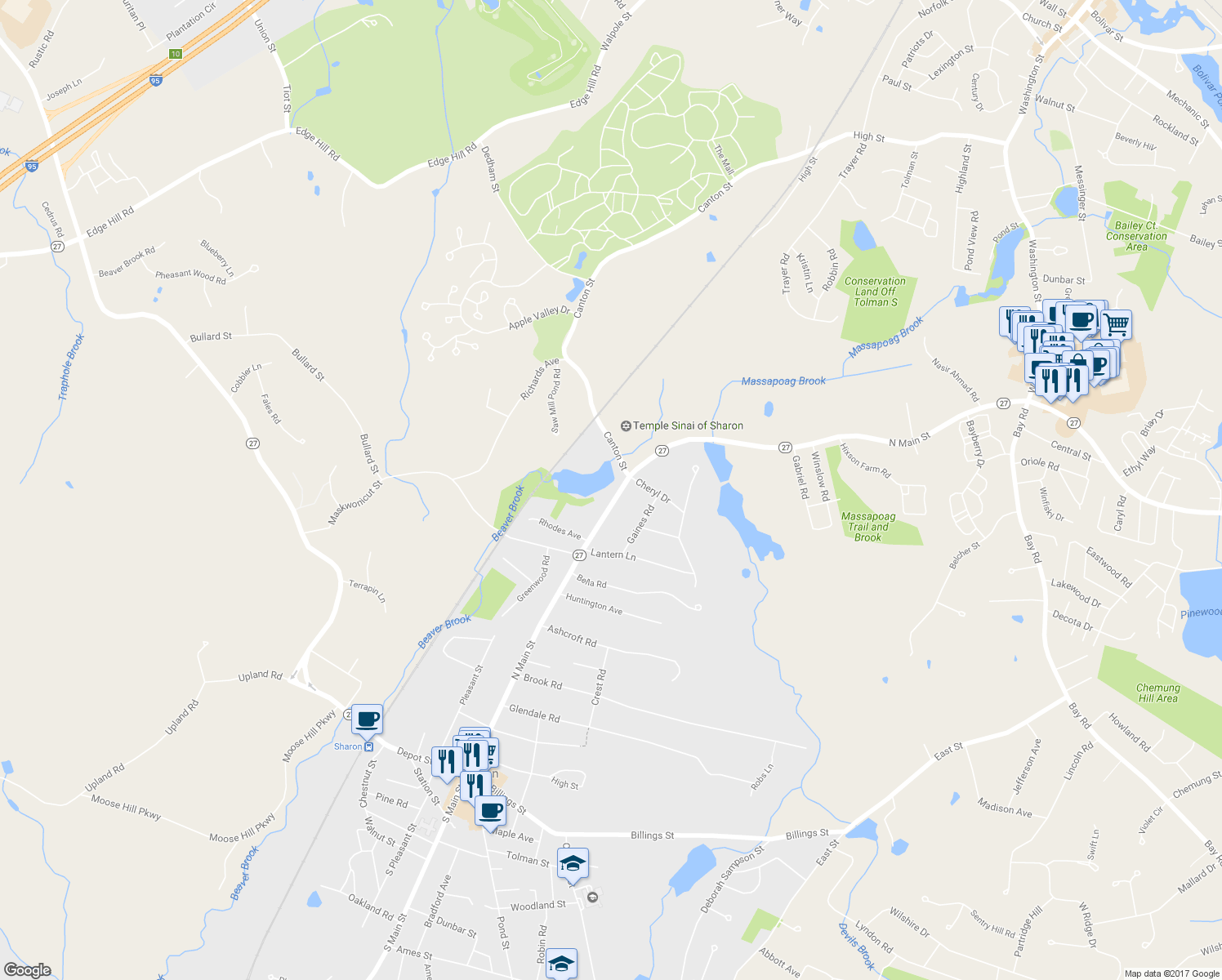 map of restaurants, bars, coffee shops, grocery stores, and more near 210 North Main Street in Sharon