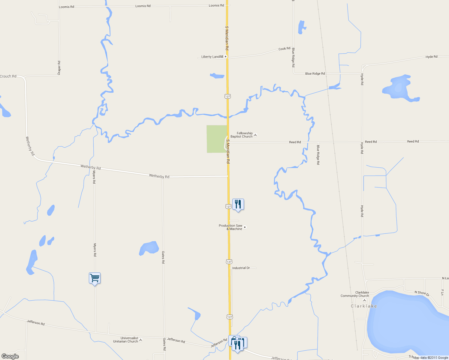 map of restaurants, bars, coffee shops, grocery stores, and more near 2893 Wetherby Road in Clarklake