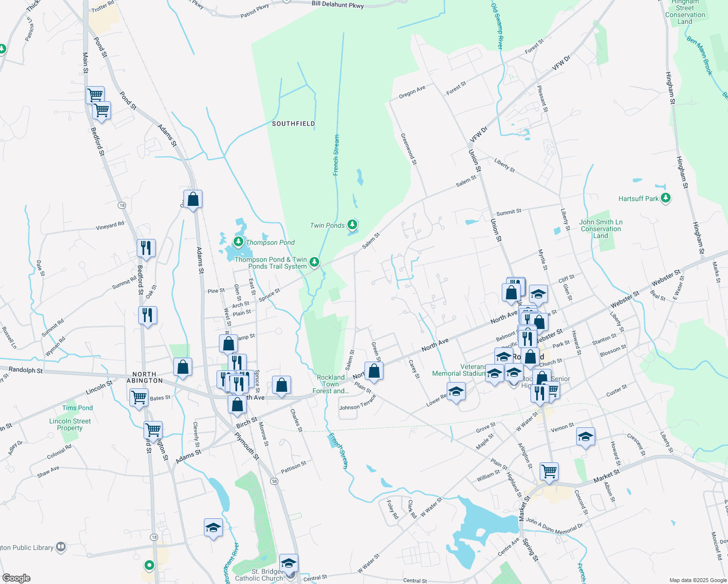 map of restaurants, bars, coffee shops, grocery stores, and more near 448 Salem St in Rockland