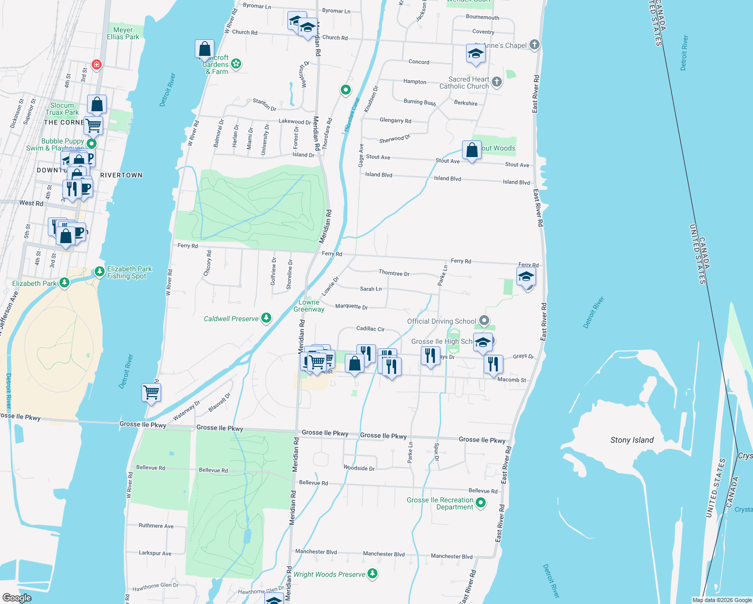 map of restaurants, bars, coffee shops, grocery stores, and more near 8762 Marquette Dr in Grosse Ile Township