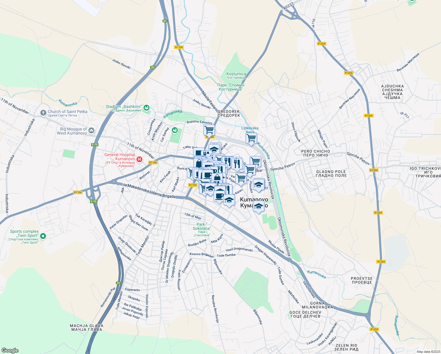 map of restaurants, bars, coffee shops, grocery stores, and more near B.B. Mosha Pijade in Kumanovo