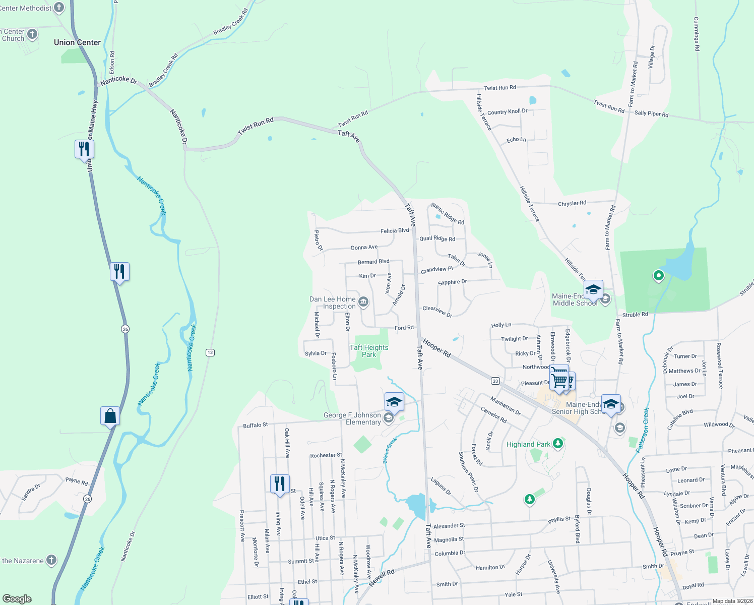 map of restaurants, bars, coffee shops, grocery stores, and more near 1114 Frost Rd in Endicott