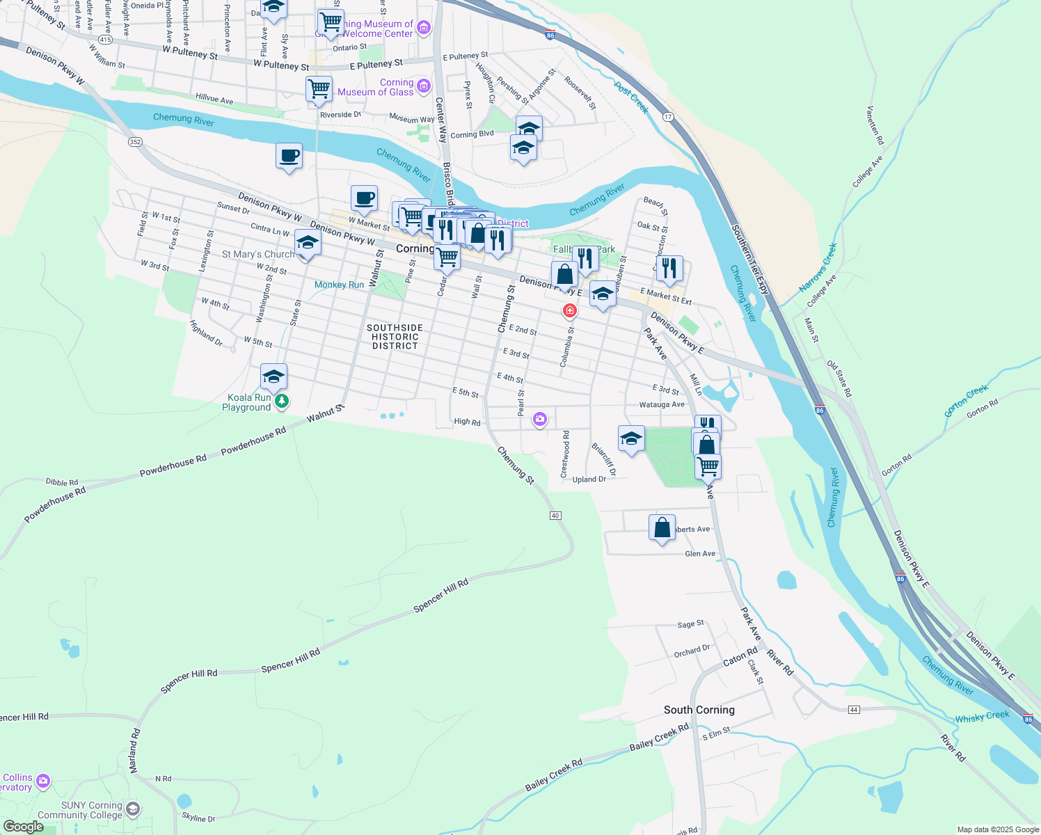 map of restaurants, bars, coffee shops, grocery stores, and more near Intarsia Ln in Corning