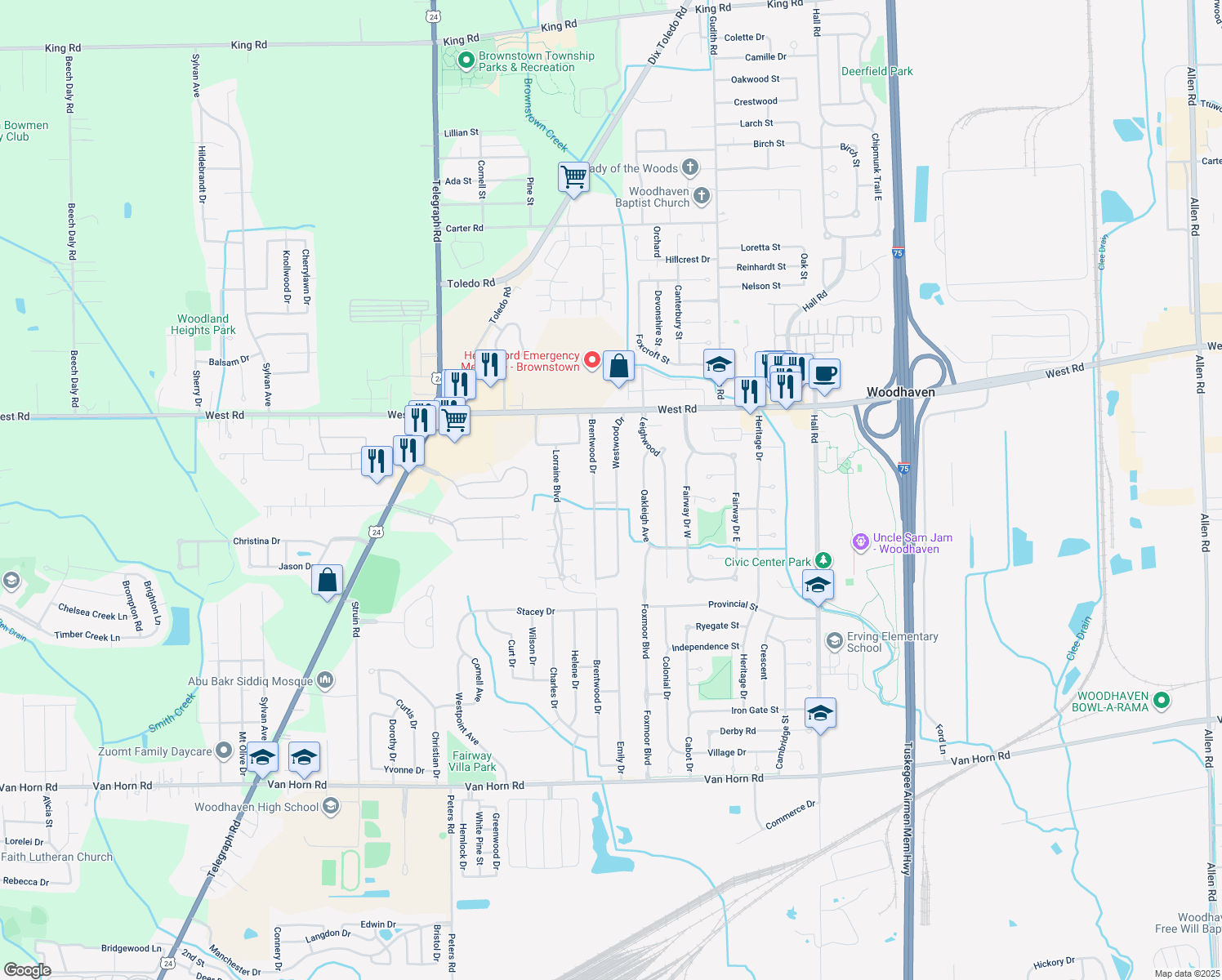 map of restaurants, bars, coffee shops, grocery stores, and more near 23013 Brentwood Drive in Brownstown Charter Township