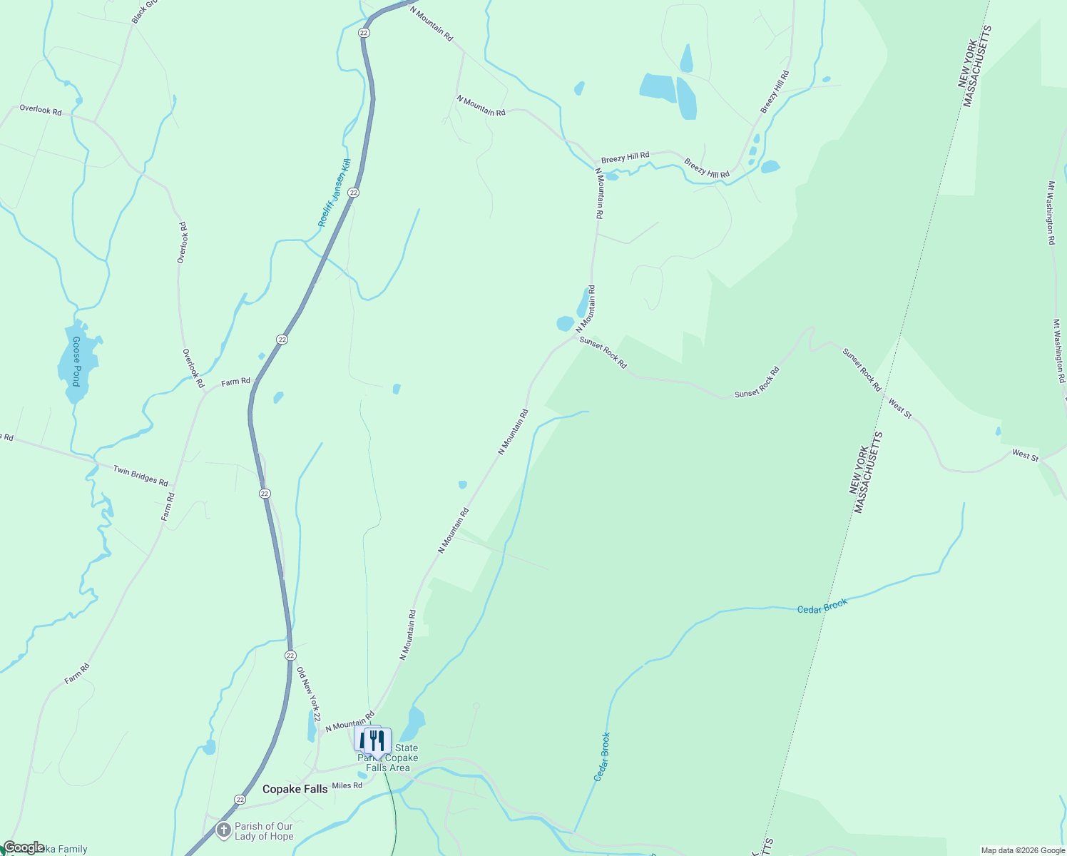 map of restaurants, bars, coffee shops, grocery stores, and more near 254 North Mountain Road in Copake Falls