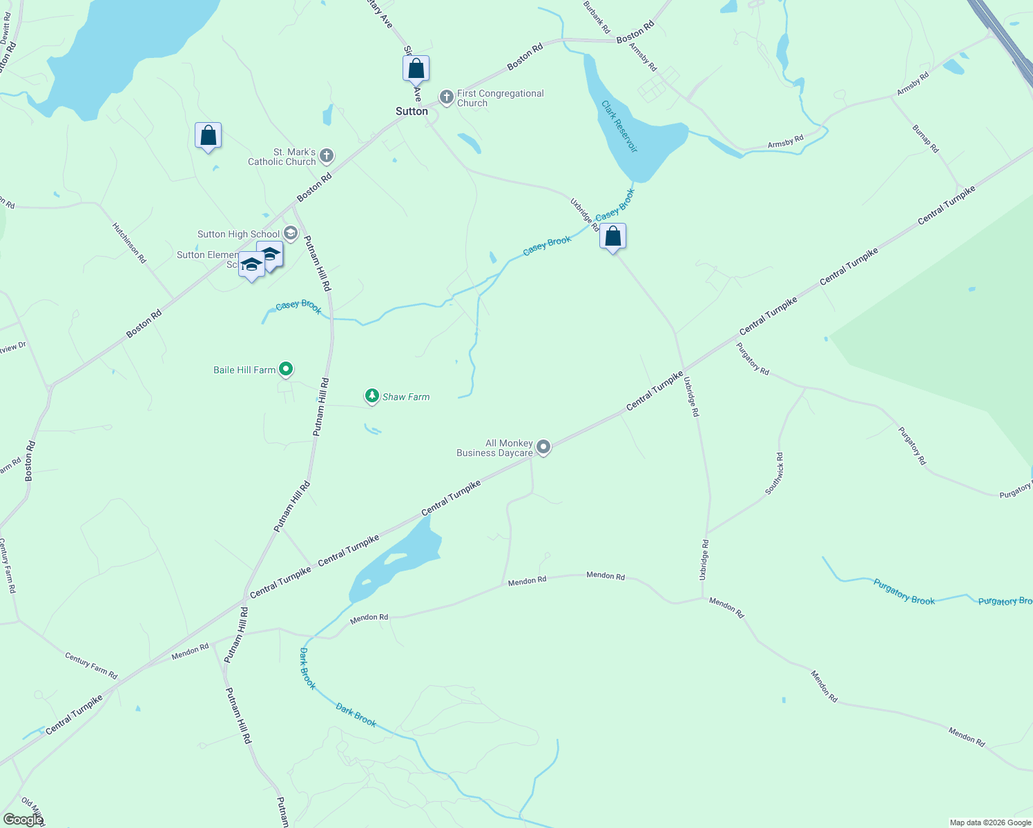 map of restaurants, bars, coffee shops, grocery stores, and more near 372 Central Turnpike in Sutton