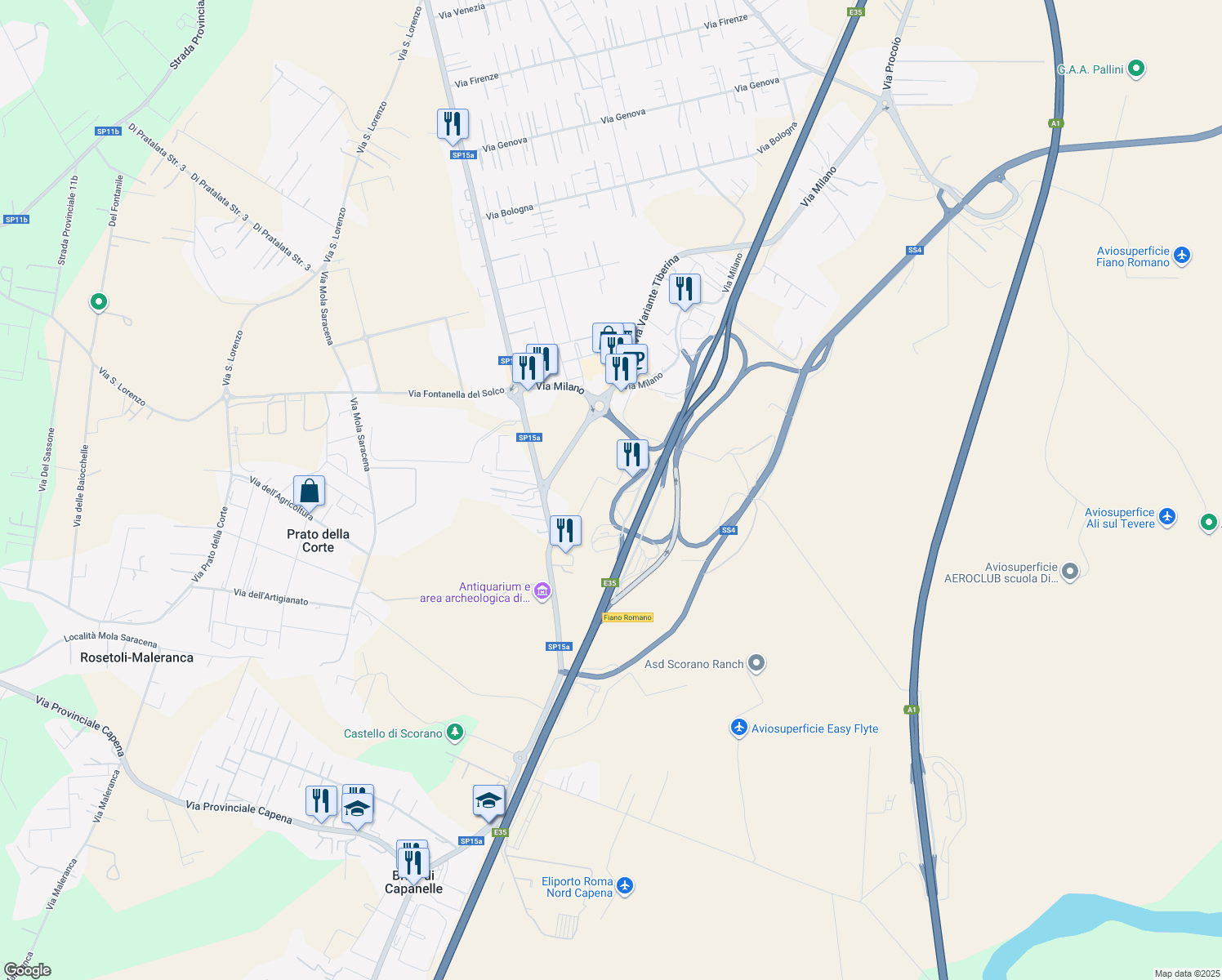 map of restaurants, bars, coffee shops, grocery stores, and more near Diramazione Roma Nord in Province of Rome