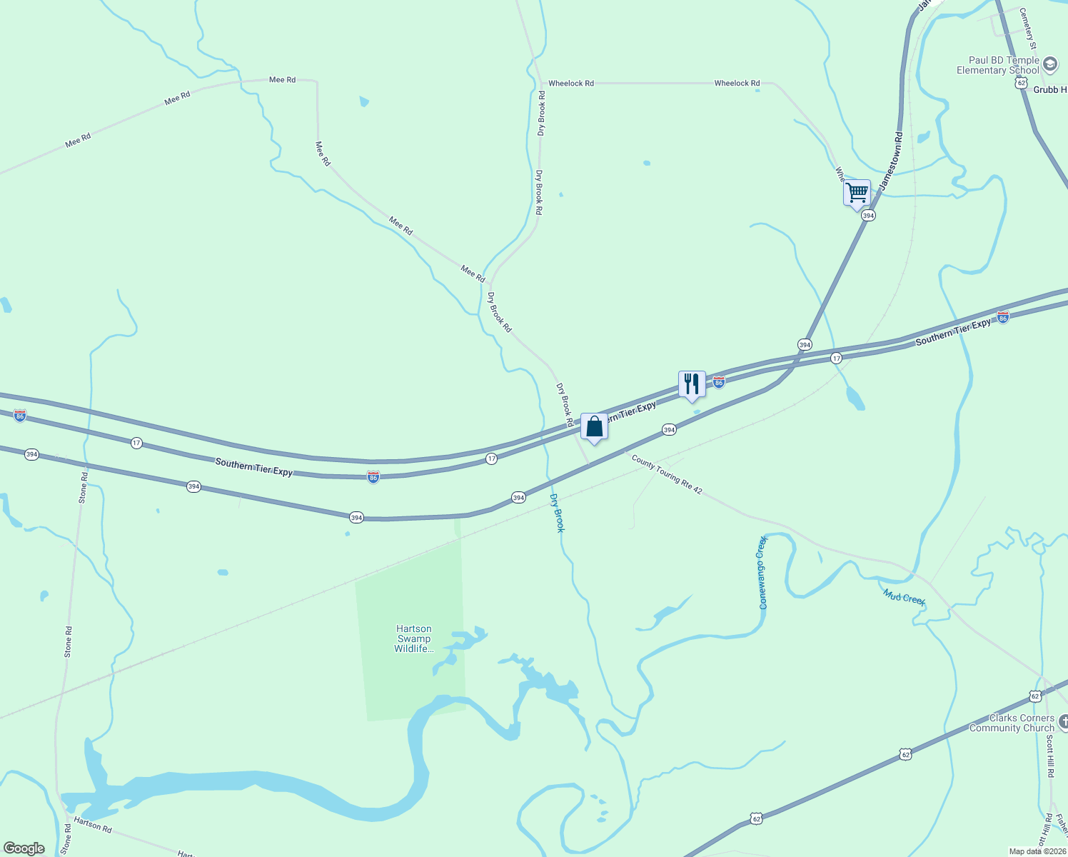 map of restaurants, bars, coffee shops, grocery stores, and more near 3230 Dry Brook Road in Falconer