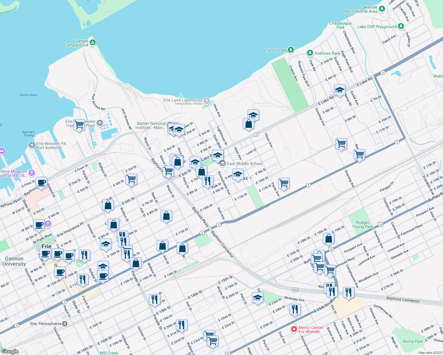 map of restaurants, bars, coffee shops, grocery stores, and more near 727 Pennsylvania Avenue in Erie