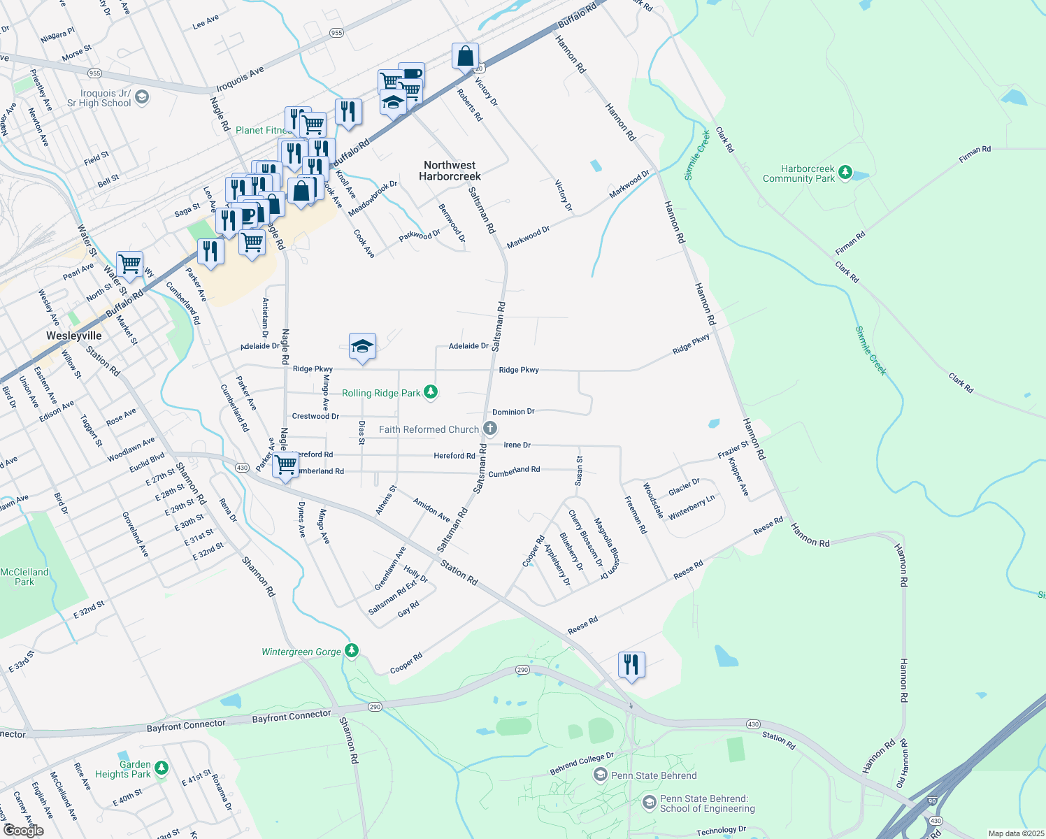 map of restaurants, bars, coffee shops, grocery stores, and more near 4065 Dominion Dr in Erie