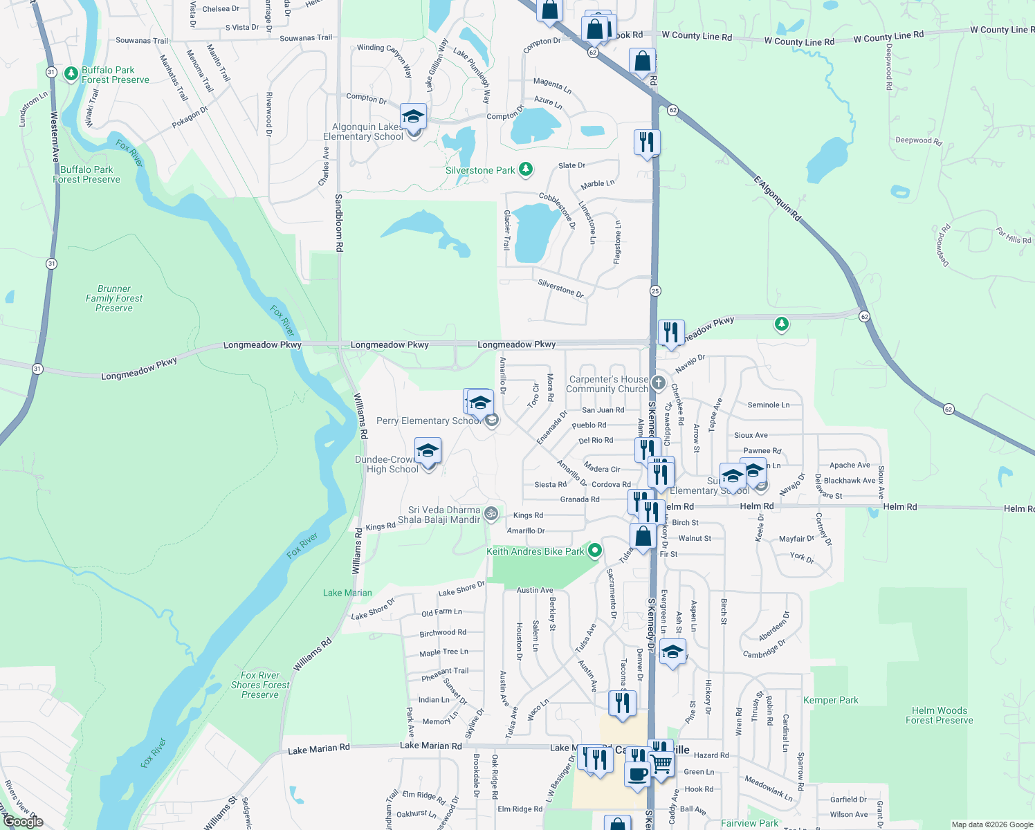 map of restaurants, bars, coffee shops, grocery stores, and more near 103 Toro Cir in Carpentersville