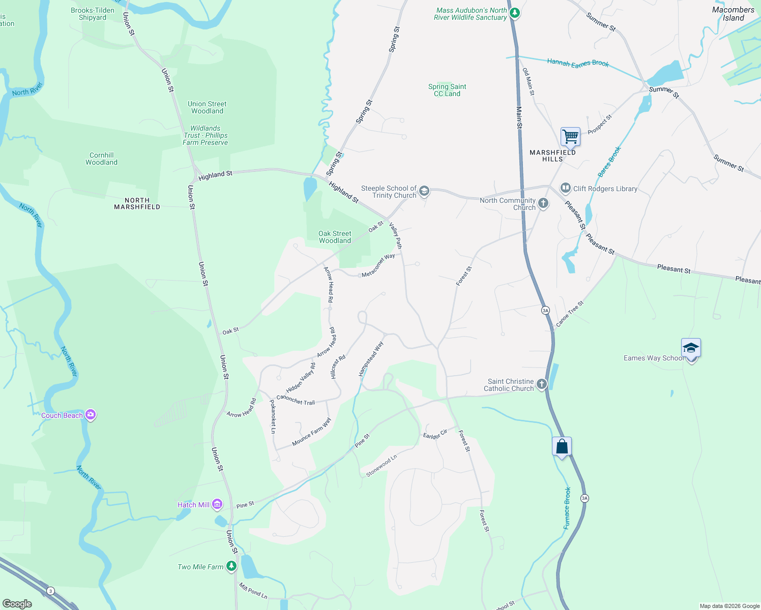 map of restaurants, bars, coffee shops, grocery stores, and more near 8 Fox Hill Circle in Marshfield