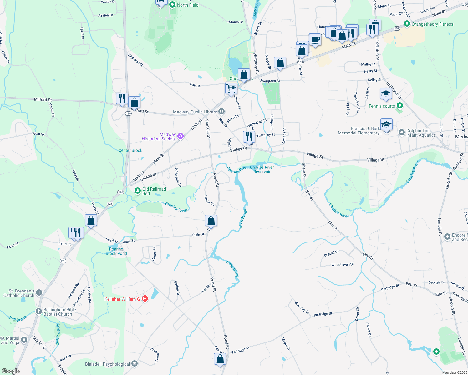 map of restaurants, bars, coffee shops, grocery stores, and more near 14 Island Rd in Franklin
