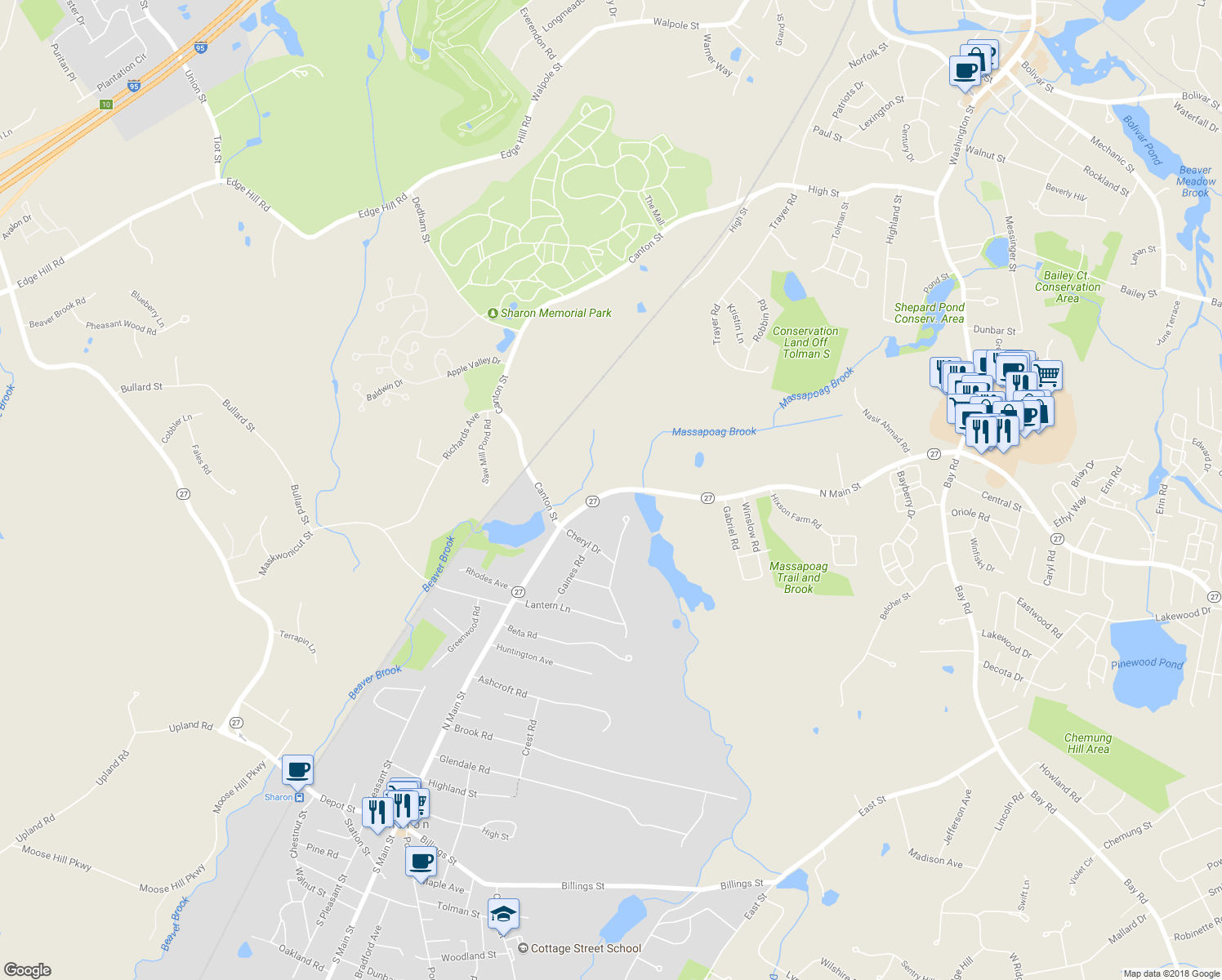 map of restaurants, bars, coffee shops, grocery stores, and more near 260 North Main Street in Sharon
