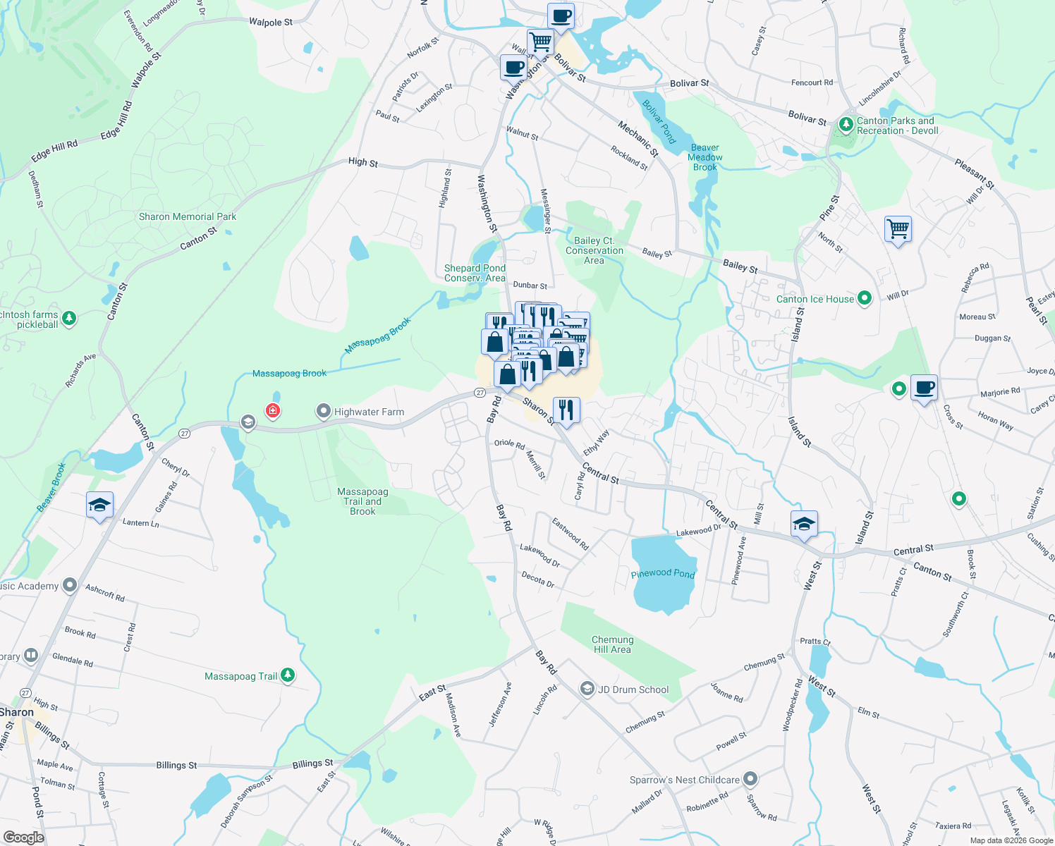 map of restaurants, bars, coffee shops, grocery stores, and more near 2321 Central St in Stoughton