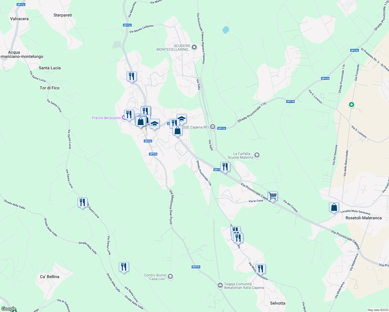 map of restaurants, bars, coffee shops, grocery stores, and more near Strada Provinciale 11b in Capena